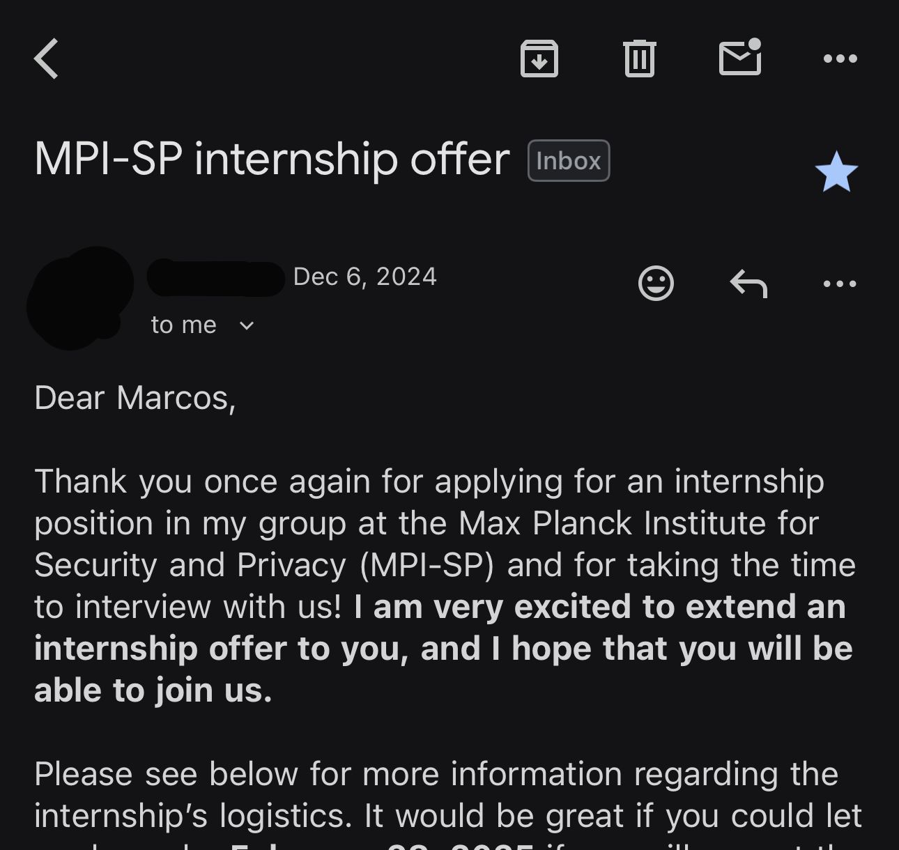 Max Planck Acceptance Email